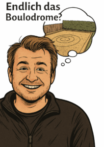 Ein mit KI erstelltes Bild das eine Person mit Gedankenblase zeigt. In der Gedankenblase ist ein Boulplatz eingezeichnet. Neben der Gedankenblase steht "Endlich das Boulodrome?"